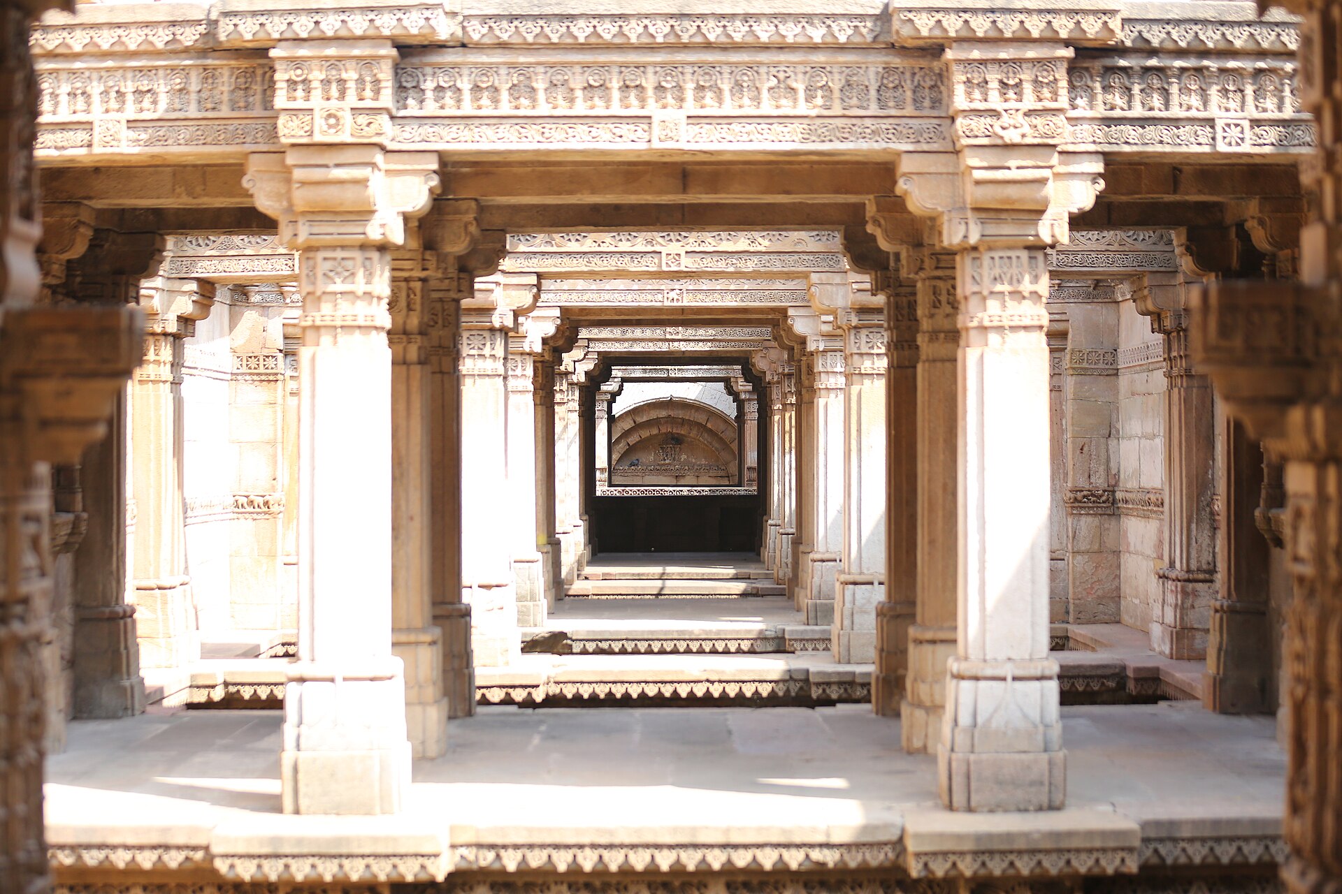 Carved interior galleries of Adalaj Stepwell near Ahmedabad
